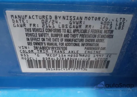 2024 Nissan Sentra Sv Xtronic Cvt из США, поврежденный, VIN 3N1AB8CV1RY297936